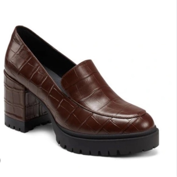 AEROSOLES Women’s Brown Leather Embossed Croc ELM Chunky Loafer Heels - Picture 1 of 3